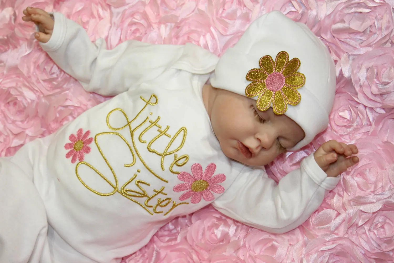 Новый Рождество Little Sister для Обувь для девочек новорожденных взять домой длинный рукав цветочный розовый и синий наряд детское платье шляпа