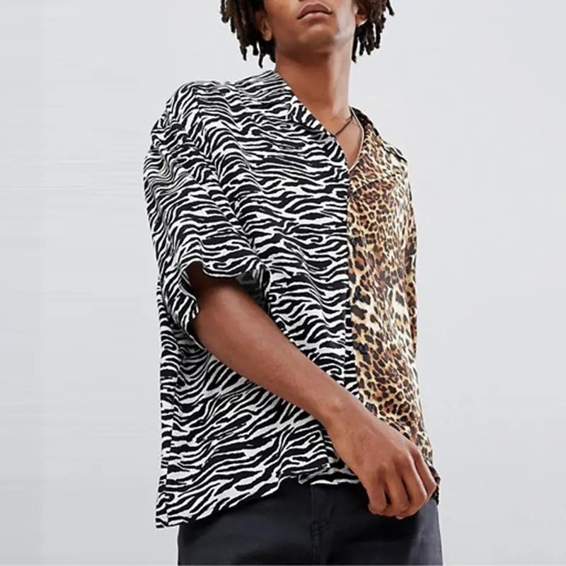 Модные летние рубашки с коротким рукавом, сексуальные леопардовые мужские футболки, хип-хоп панк футболка с отложным воротником, свободная Мужская одежда, 5XL