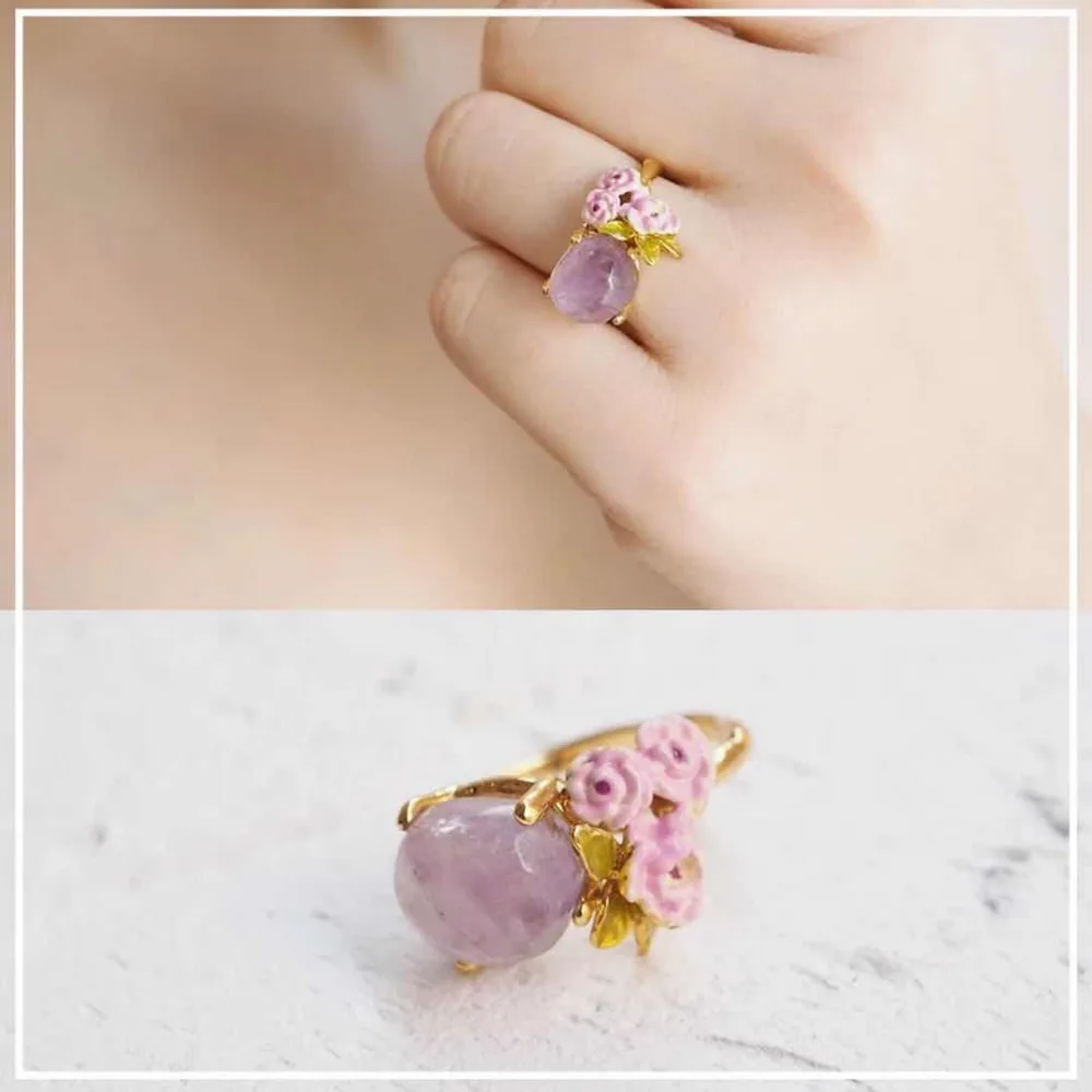 Amybaby ручной работы эмалированная глазурь натуральный светильник фиолетовый хрустальный цветок женский браслет кольцо ювелирные изделия для вечерние