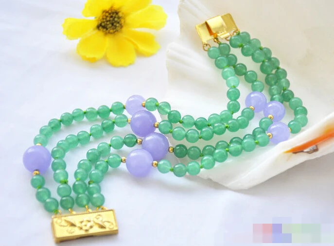 

FREE SHIPPING>>>@@ 1070 4row 8" natural round green lavender jade bead bracelet
