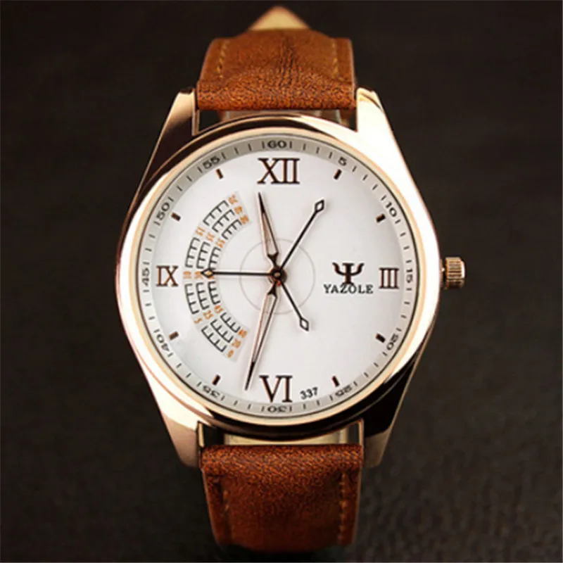 YAZOLE Топ бренд класса люкс бизнес часы уникальные модные мужские часы кожа аналоговые кварцевые часы Saat Erkek Kol Saati - Цвет: Brown White