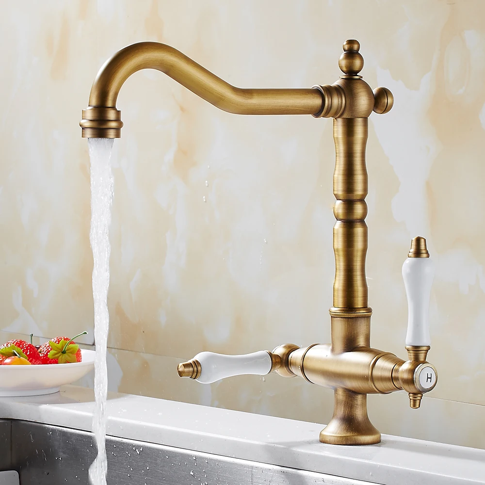 

360 Swivel Kitchen Faucet Antique Brass Dual Porcelain Traditional Kitchen Sink Mixer Taps Twin Lever Solid Brass Basin