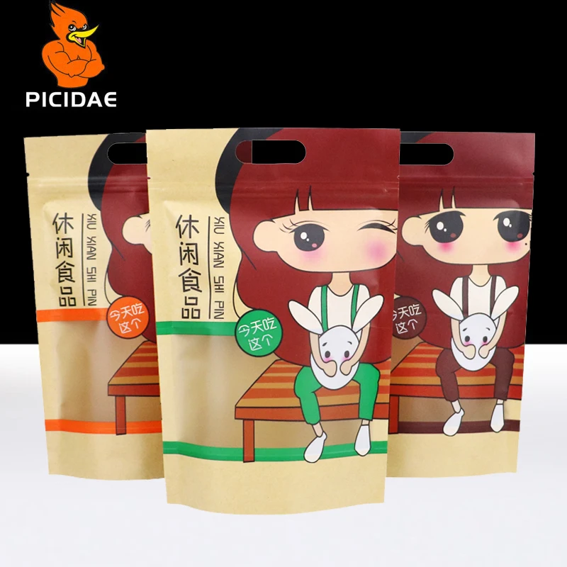 

Cartoon portable Kraft Paper Storage Food Nut Snack Bag Cookie Candy Stand Chocolate Zipper Printing Window Zip Lock Transparent