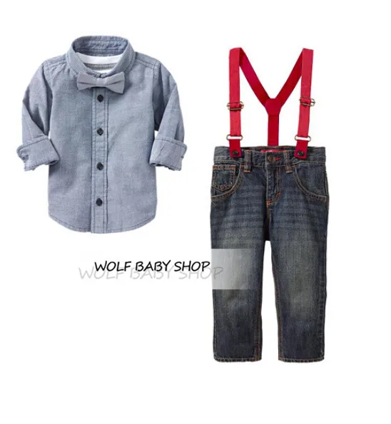 

retail children clothing kids set for boys gentleman shirt straps jeans western style 2014 free shipping