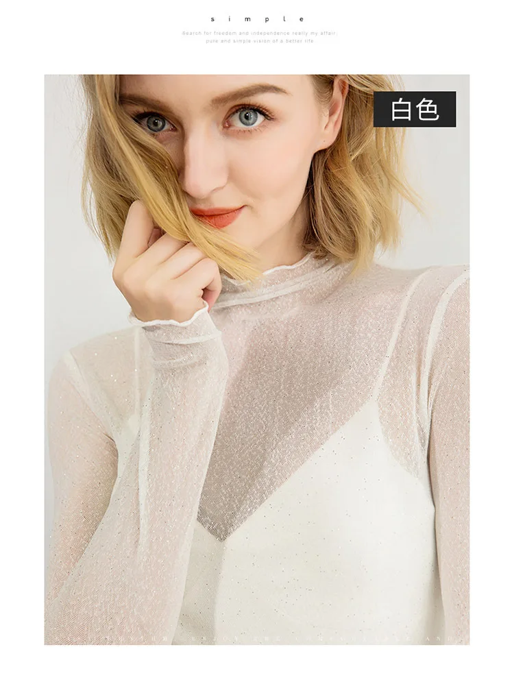 Moda jihan/Новинка; Кружевная футболка с блестками и бриллиантами; женская пикантная нижняя рубашка; прозрачные базовые Топы; женская футболка; сетчатые футболки с отделкой