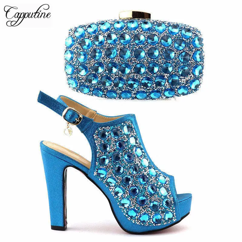 Capputine Wholesale Lake Blue Color Fashion Design For Wedding Or Parties Italy Shoes And Bag Matching Set Large Size For Shoes