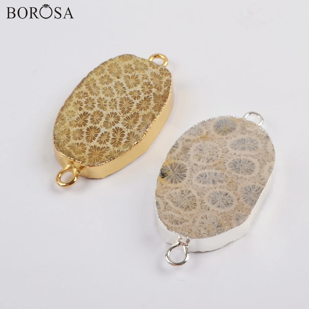 

BOROSA 5PCS Gold Color Natural Chrysanthemum Stone Connectors Coral Fossils Charm For Bohemian Bracelet Necklace Jewelry G1816