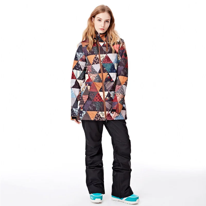 

Waterproof Windproof Snow Clothes Women Ski Jacket and Pants Female Snowboard Suit Printed Triangles Winter Ski Coat Trousers
