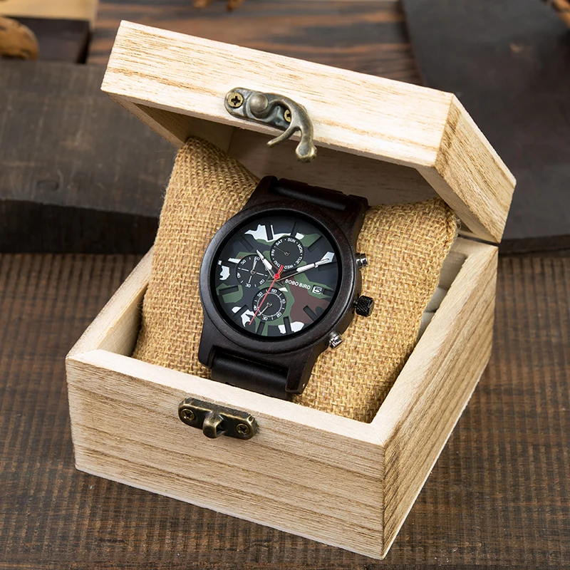 BOBO BIRD Men Wooden Watches Luxury Stylish erkek kol saati Week Display Wristwatches Military Chronograph With Gift Box V-R17