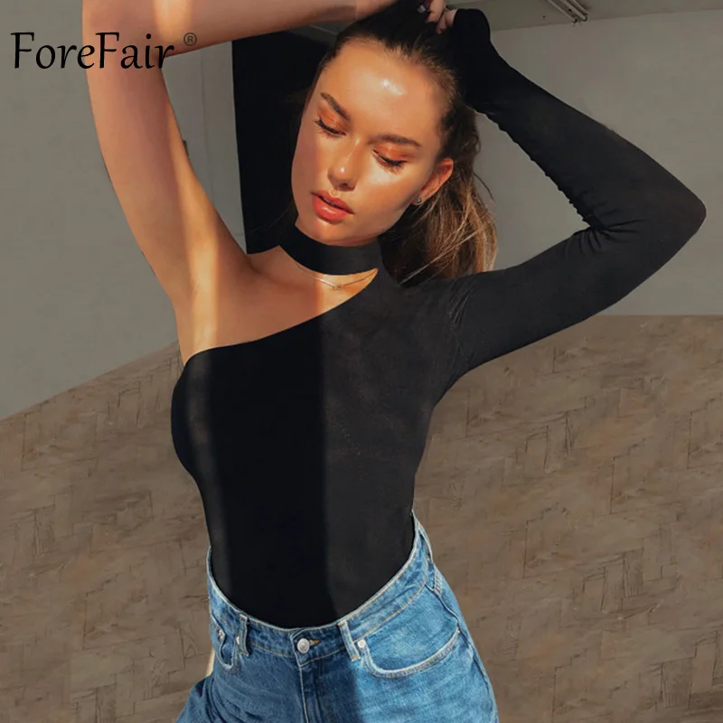 Forefair сексуальное боди с лямкой на шее Женский Топ длинным рукавом одним