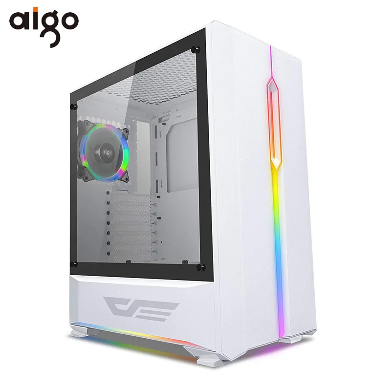 Aigo игровой чехол ATX компьютер PC чехол s с 120 мм светодиодный Радужный веер настольный компьютер чехол шасси RGB светильник PC чехол закаленное стекло - Цвет: White