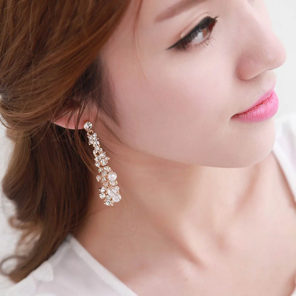

Ethnic fashion Long Rhinestone Simulated Pearl Clip on Earrings Without Piercing for Women Party wedding Earring jewelry