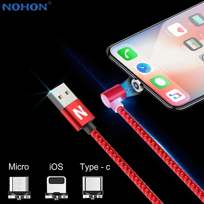 

90 Degree Magnet Cable LED Charger Wire Cord For iPhone 5 6 S 6S 7 8 Plus XR XS Max Micro USB Type C IOS Plug 3in1 Fast Charging