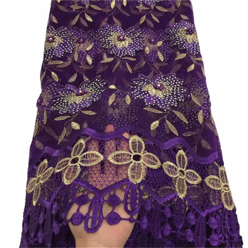 Африканская вышитая бисером кружевная ткань вышитая нигерийская гипюровая французская кружевная ткань 2019 Высокое качество фиолетовая