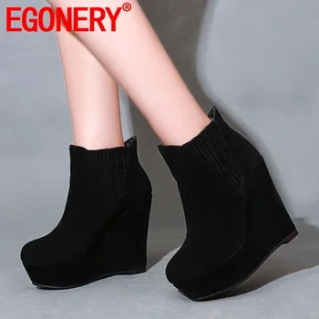 

EGONERY women shoes 2019 winter new fashion round toe super high heels ankle boots outside platform black shoes drop shipping