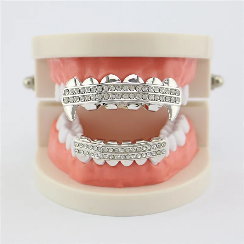 Панк золотые зубы Grillz 2 ряда Iced Out грили стоматологические хип-хоп вампира зубы-клыки шапки Хэллоуин вечерние украшения для тела XHYT1019-1