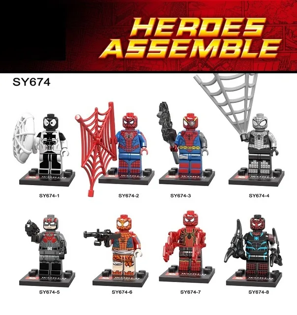 8pcs/lot SY674 Marvel Spiderman Figure Set Carnage Iron Spider-Man 2099 Building Blocks Sets Model Bricks Toys Spider Man -