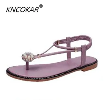 

2018 Bohemia pearl toe sandals female student summer flat contracted joker character han edition diamond flat sandals