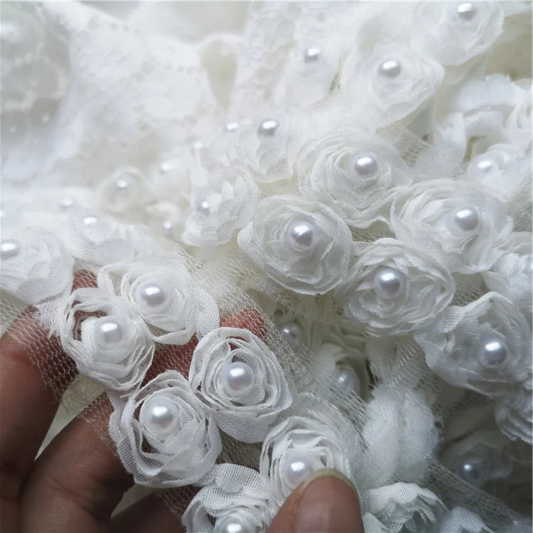 Белый 3D розовый шифон Кружева с бисером 1 ярд Вышивка Ткань DIY ручной работы