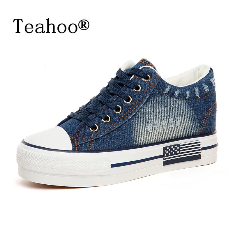 Vente NOUVELLE Mode 2017 Femmes Chaussures à lacets décontracté Denim Toile Chaussures Femme Plate Forme décontracté Dames Chaussures Printemps été Chaussures En Denim Plus