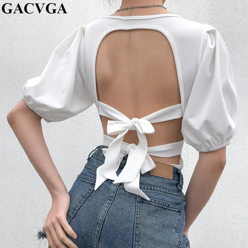 

GACVGA 2019 Puff Sleeve White Sexy Backless Lace Up Bodysuit Women Summer Autumn Short Sleeve Body Romper Office Basic Bodysuits