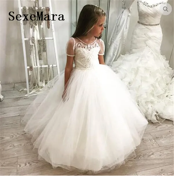 V-back Luxury Pageant Tulle Ball Gowns for Girls Flower Girl Dress