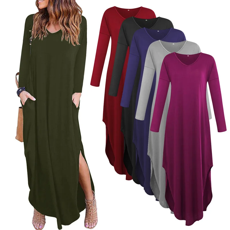 

V neck Long Dress Wholesale Blanks Cotton Long Sleeves One-Piece Dress with Side Slits 3Colors DOM1066157