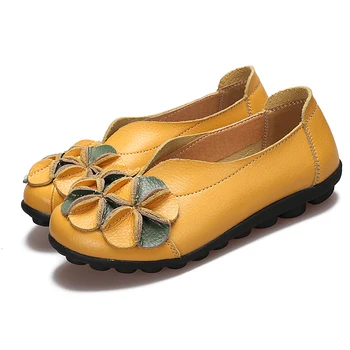 

New National Wind Flowers Handmade Genuine Leather Shoes Women Retro Soft Bottom Flat Shoes Summer Canvas Ballet Flats