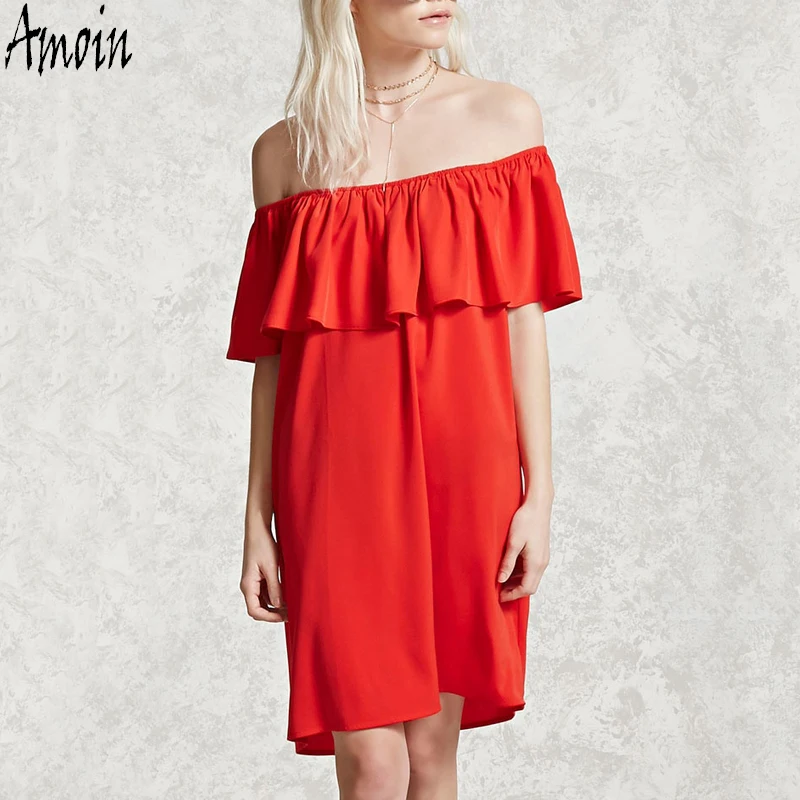 Amoin Мода Оборками Slash Шея Женщины Dress Летом Стиль С Плеча Сексуальные Платья Vestidos