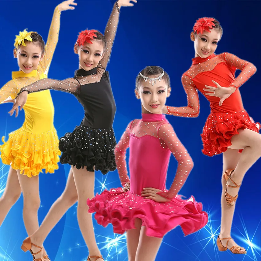 

Children Kids Girls Long Sleeve Tango Dance Dress Sequin Sexy Lace Yellow Hot Pink Black Red Ballroom Tango Dresses