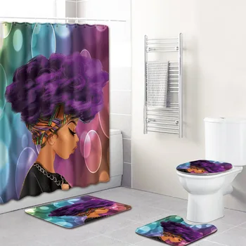 

WUJIE 4PCS Africa Women Pattern Creative Shower Curtain + Pedestal Rug + Toilet Cover + Bath Mat Set Non-Slip Bath Curtain Set