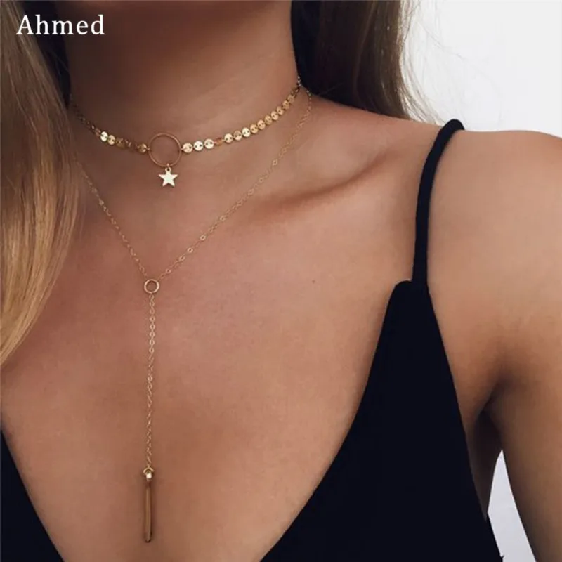 

Ahmed Simple Double Layer Sequins Straight Bar Pendant Choker Necklace For Women New Fashion Star Accessory Collar Jewelry