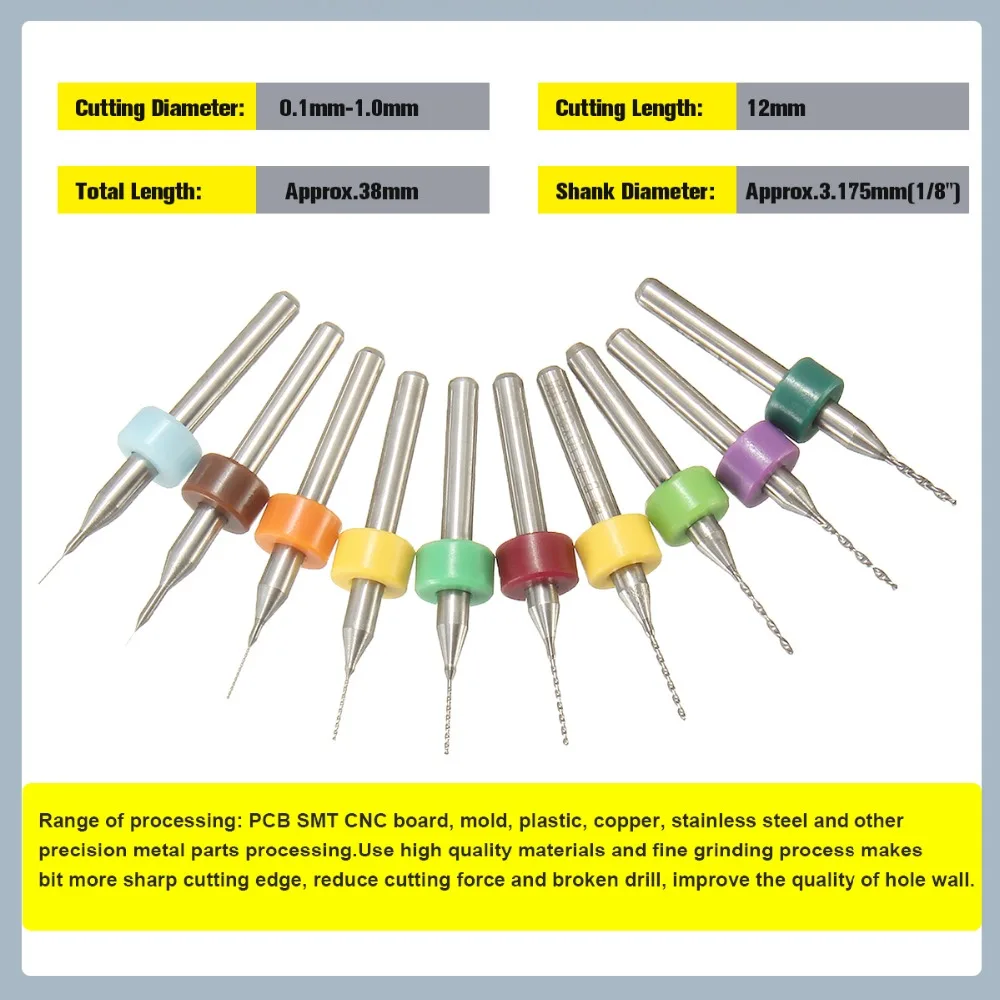 10 Pcs PCB CNC Print Circuit Board Carbide Micro Drill Bits Set Tool 0.1mm-1.0mm By Team-Management