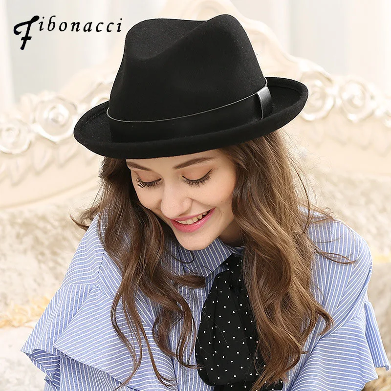 

Fibonacci 2018 New Fashion Bowler Small Fedoras Jazz Style Solid Color Wool Felt Hats for Women Fedora Hat