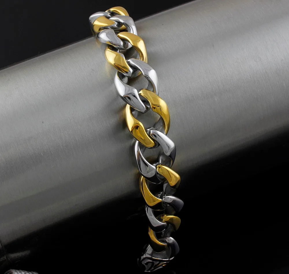 

Men's Biker Stainless Steel Gold and Silver Tow Tone Link chain Wrist Jewelry Bracelet