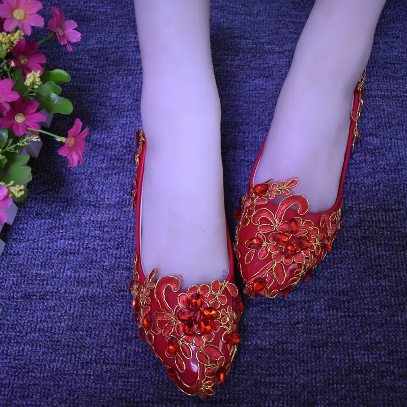 

RED lace crystal party shoes woman handmade red diamond stones ornament NQ138 lace appliques red dancing dress fats shoe