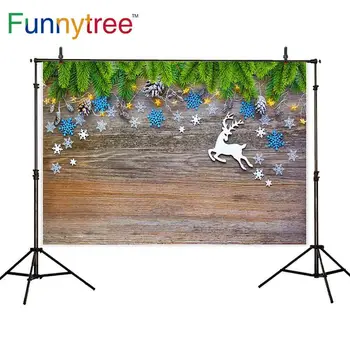 

Funnytree christmas background green leaf brown wood colorful snowflake reindeer baby decorations party photocall boda backdrop