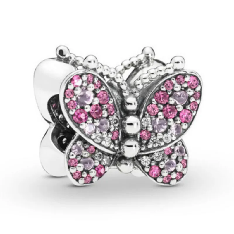 

2019 NEW 100% 925 Sterling Silver Dazzling Pink Butterfly Charm Women's Fit DIY Bracelet & Bangle Original Fashion Jewelry Gift