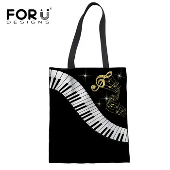

FORUDESIGNS Piano Keyboard 3D Printing Women Linen Tote Bags Ladies Eco-friendly Grocery Bags Teens Girls Summer Beach Handbags