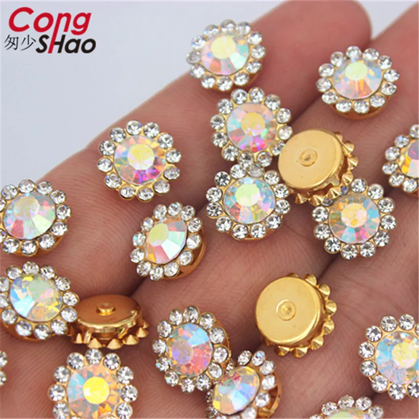 

High quality Sew On Glass AB Crystals Gold Flower Rhinestone Applique Sewing Claw Crystal Stone for DIY Needlework Clothes 8Y272