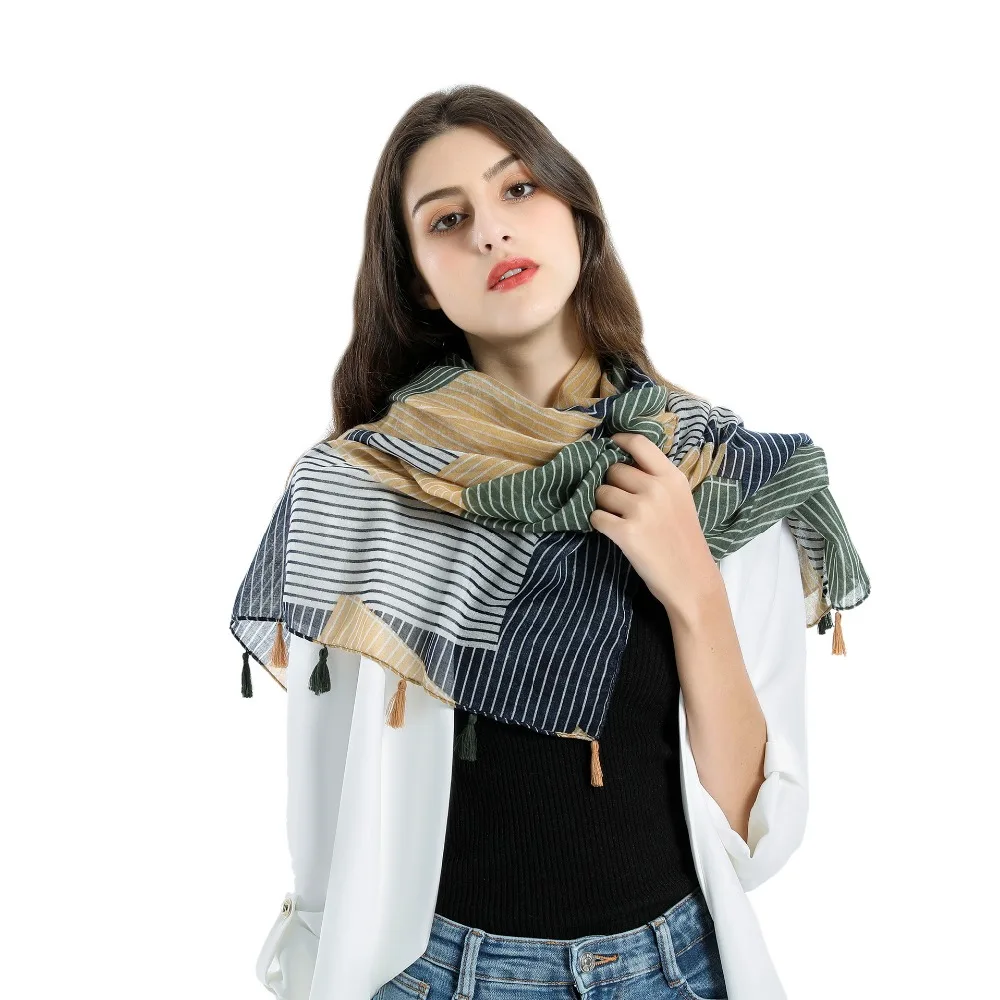 

New Light and Comfortable Shawl with Fine Tilt Stripe Printed Long Towel, Cotton, Hemp and tassels in 2019
