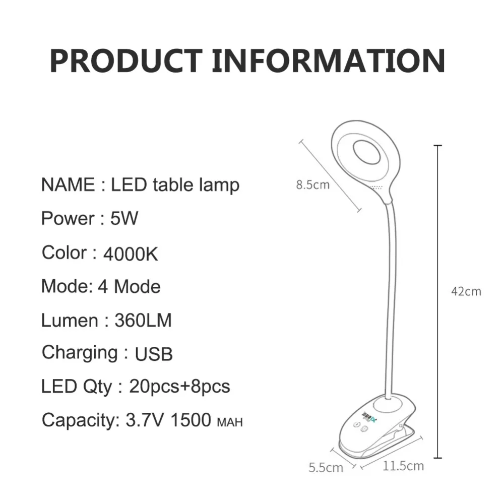 Foxanon сенсорный выключатель, книжный светильник, 4 режима, настольная лампа с зажимом, 4000 K, защита глаз, для чтения, диммер, перезаряжаемый, USB Led, настольная лампа