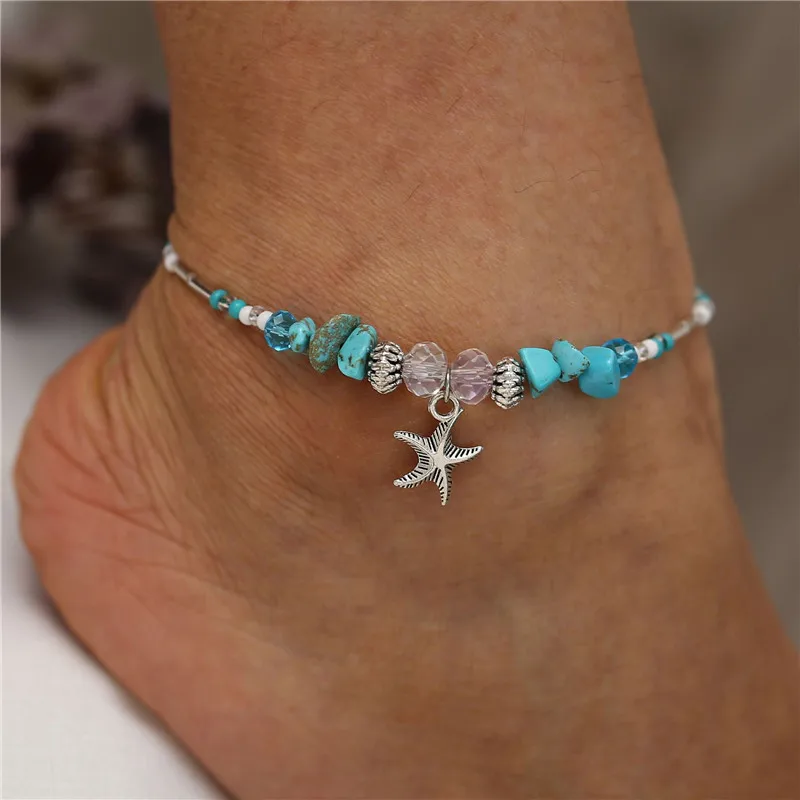 

Bohemian Natural Sea Shell Starfish Anklets for Women Blue Stone Silver Ankle Foot Chain Bracelet on Leg Anklet Beach Jewelry