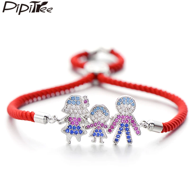 

Pipitree Copper AAA CZ Zircon Dad Mom and Girl in Middle Charm Bracelet Adjustable Red Cord Family Bracelets for Women Jewelry