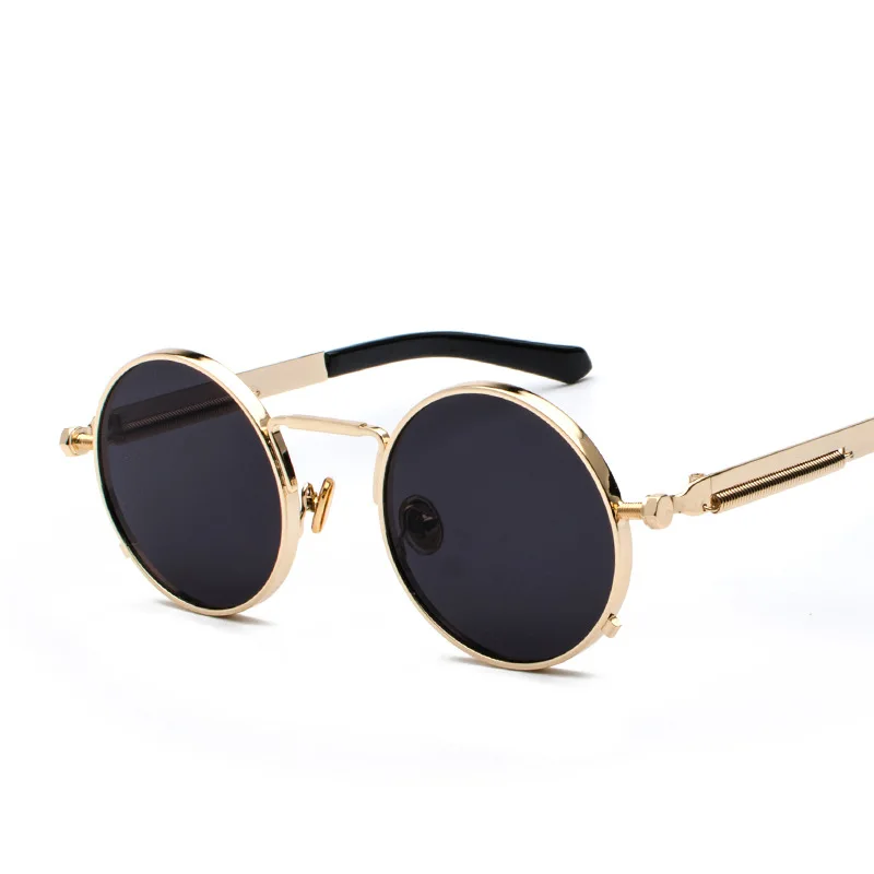 Винтажные круглые солнцезащитные очки в стиле панк, мужские весенние металлические зеркальные солнцезащитные очки в стиле стимпанк для мужчин и женщин, ретро очки - Цвет линз: C2 Gold.Black gray