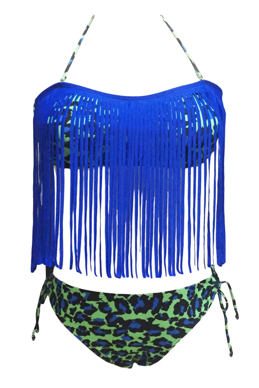 Women Blue Tassel Accent 2pcs Brazilian Bikini Set Plus Size Swimsuit