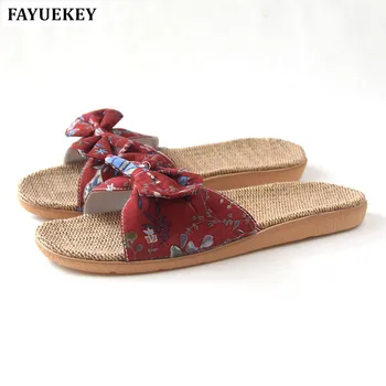 

FAYUEKEY Fashion Women Summer Home Linen Flax Print Bowknot Slippers Floor Beach Breathable Sandals Slides Flat Shoes