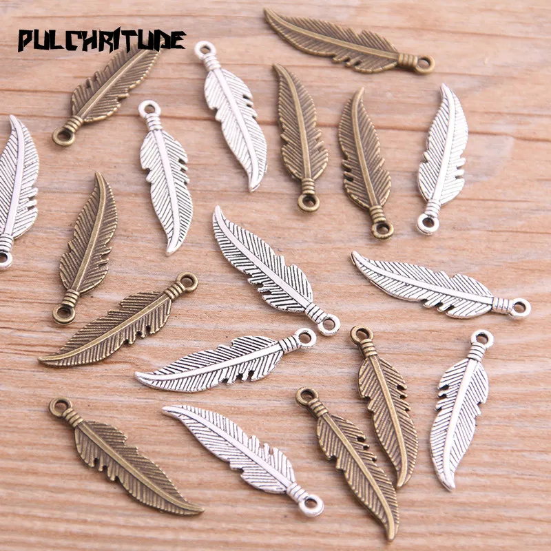 

PULCHRITUDE 30pcs 7*27mm Two Color Metal Zinc Alloy Leaves Charms Fit Jewelry Plant Pendant Charms Makings