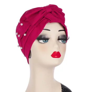 

Spring and summer Turban Pearls Headscarf Muslim Bows Solid Color Caps