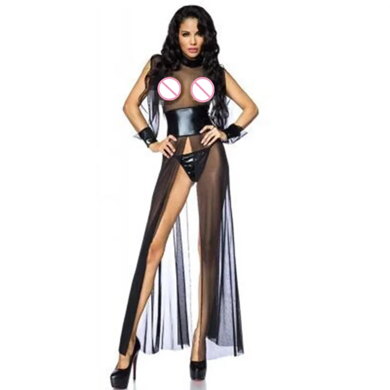Erotic Underwear Sexy Black Sheer Mesh High Slit Long Nightgown Lingerie for Women Wet Look Tunic Leather Transparent Nightdress (1)
